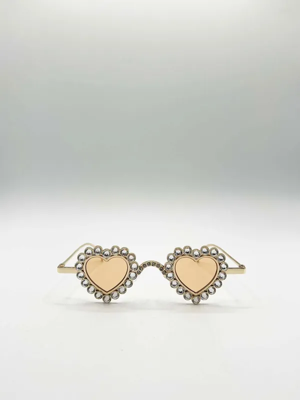 Heart Diamante Sunglasses Gold Champagne - SVNX