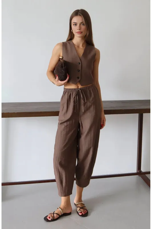 V Neck Sleeveless Vest and Wide Leg Trousers Co-ord Set