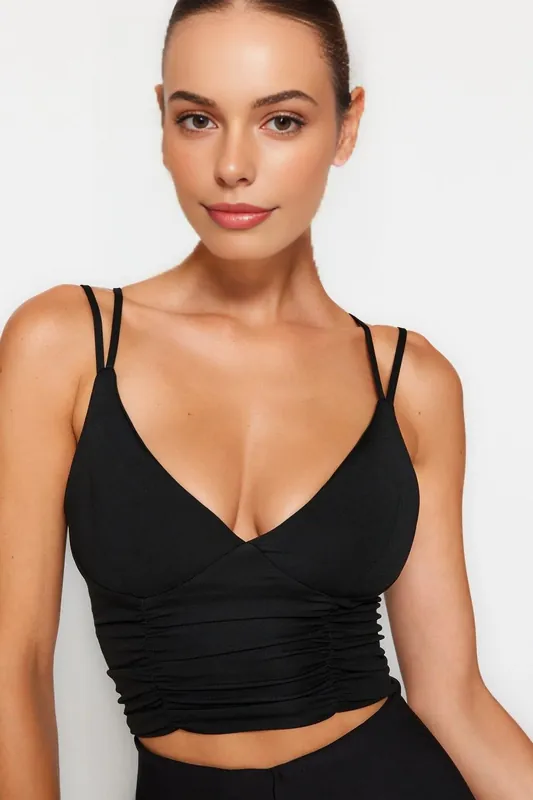 Double Strap V-Neck Ruched Longline Sports Bra