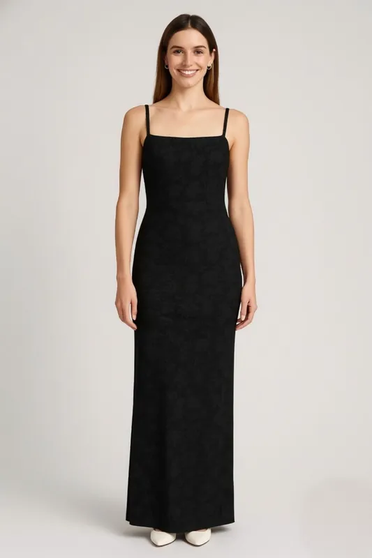 BLACK THIN ADJUSTABLE STRAPS JACQUARD BODYCON FORMAL EVENING MAXIDRESS - AVINCI