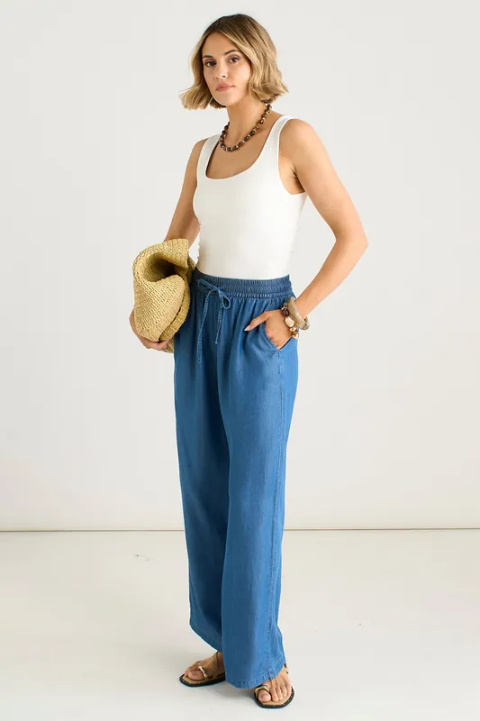 Blue Chambray Elasticated Waist Wide Leg Trousers - Gini London