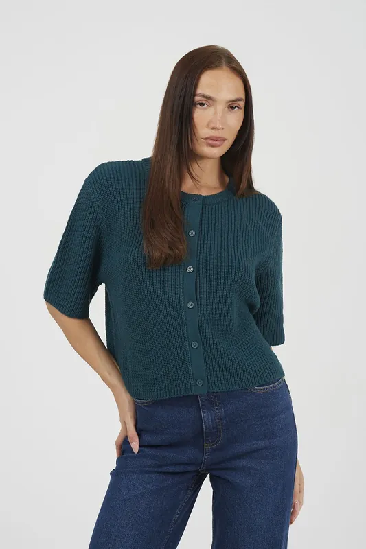 Short Sleeve Crew Neck Fisherman Knit Cardigan - Brave Soul