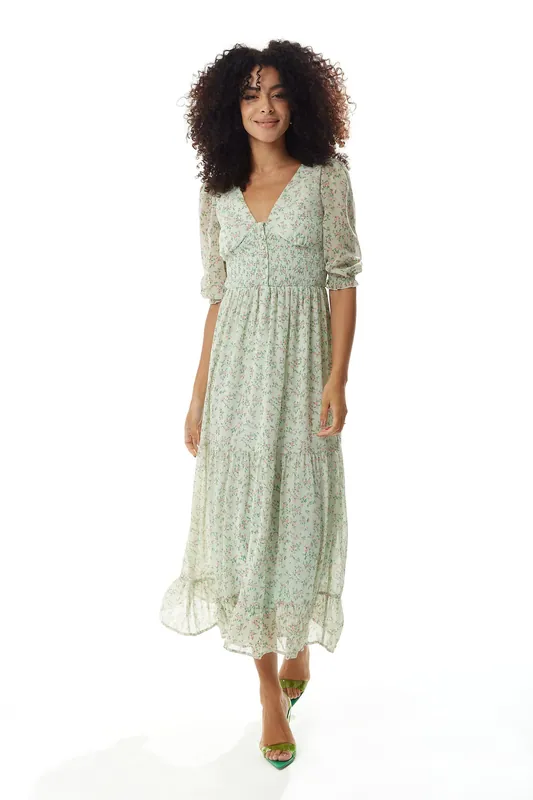 Floral Maxi Chiffon Dress in Mint Green - Liquorish