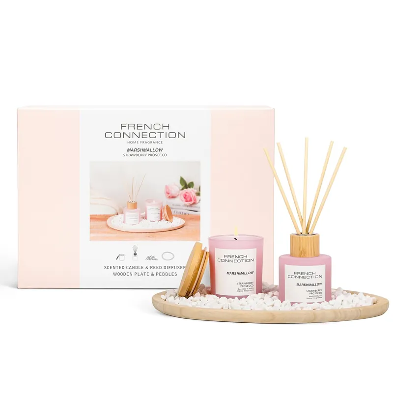 Marshmallow Home Fragrance Gift Set, Scented Candle & Reed Diffuser with Wooden Plate & Pebbles - French Connection