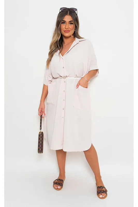 Nancy Button Down Collared Midi Dress With Two Front Pockets - IKRUSH
