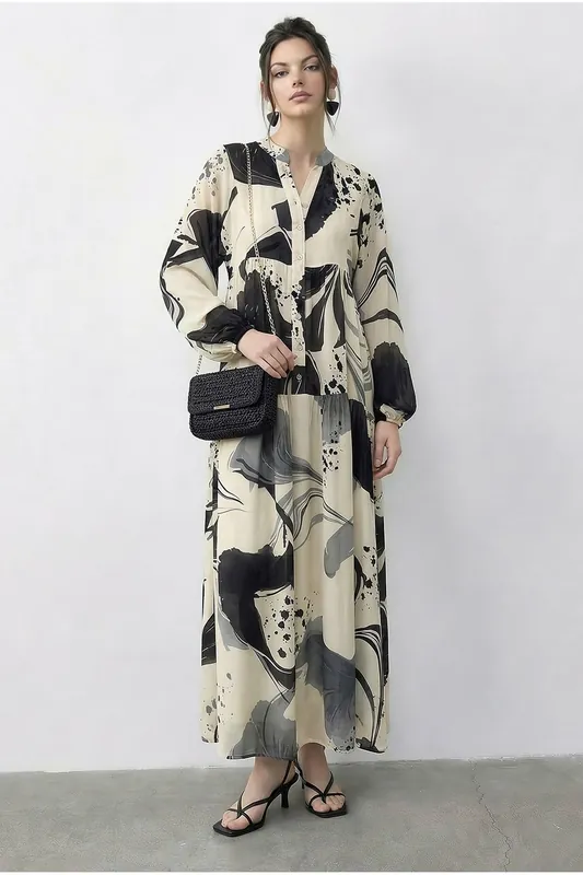 Abstract V-Neck Midi Dress with Long Sleeves