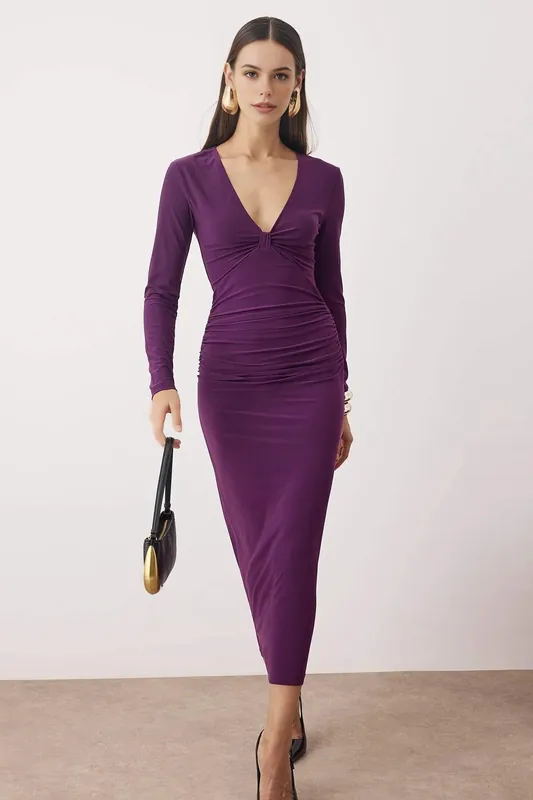 Long Sleeve V Neck Maxi Dress with Lined Finish - WOVCOR