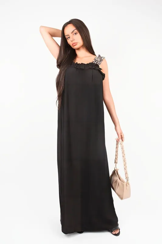 Kalina Leopard Strap Sleeveless Maxi Dress With Ruffle Detail - IKRUSH