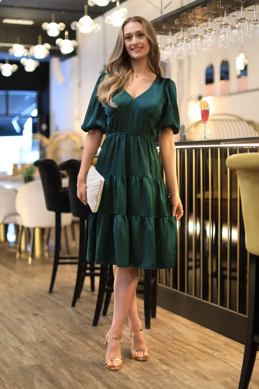 Satin Puff Sleeve V-Neck Tiered Dress