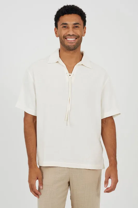 Cotton Open Collar Shirt With Tie Detail - Brave Soul