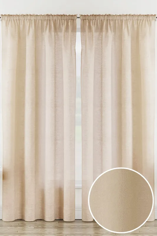 Rhodes' Natural / Beige Plain Linen-Look Voile Panels Pair with Rod Pocket Header