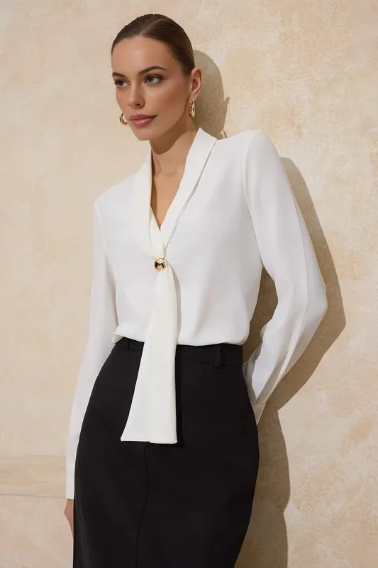 Fular Neck Accessory Detail Long Sleeve Satin Blouse - WOVCOR