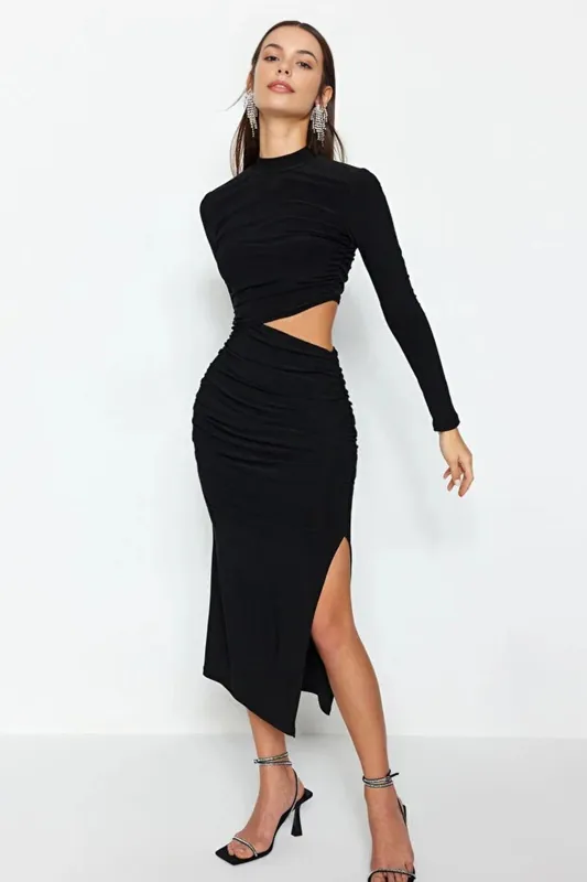 Cut Out Side Ruched Midi Bodycon Evening Dress - WOVCOR