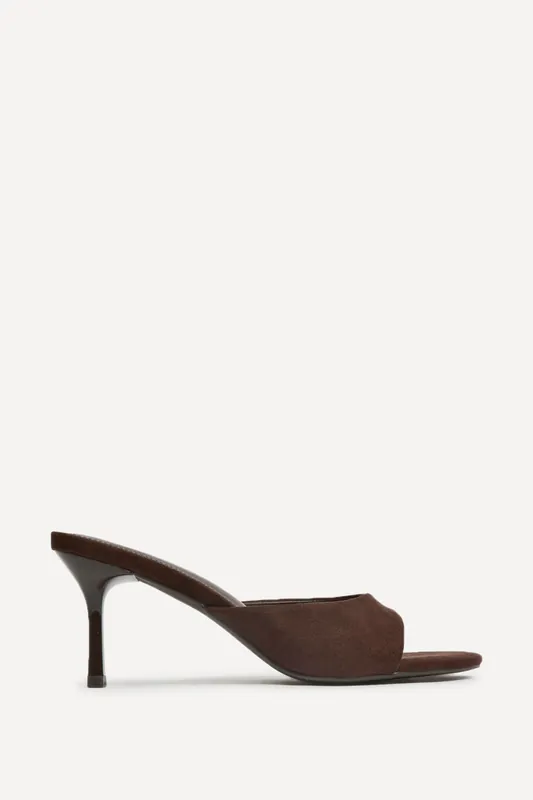 Erin Brown Faux Suede Mule Heels - Linzi