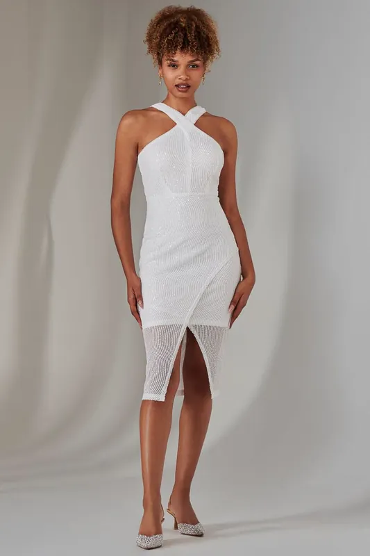 Cross Neck Slit Bodycon Dress - Jolie Moi