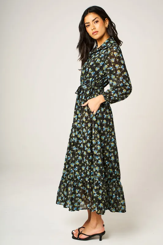 Floral Print Long Sleeve Ruffle Chiffon Shirt Midi Dress In Black - FS Collection
