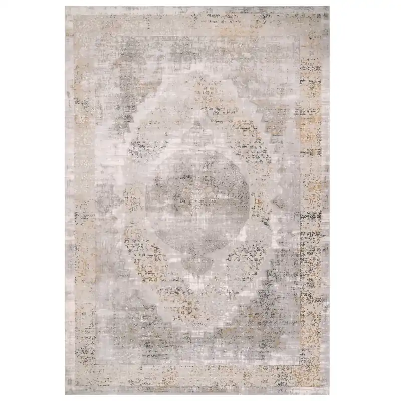 Grey Gold Metallic Traditional Medallion Low Pile Area Rug - Kukoon