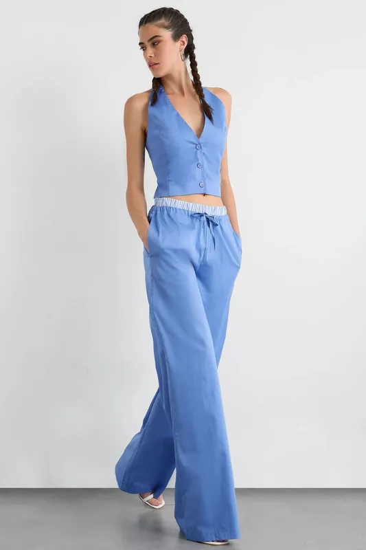 Plunge Neck Halter Top & Drawstring Wide Leg Trousers Coord - Hiccup