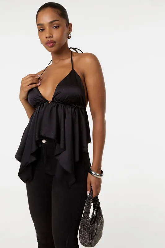 Black Diamante Satin Halter Top - Pink Vanilla