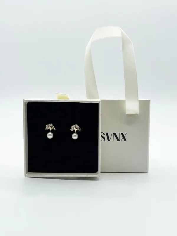 Pearl Stud Earring with Diamante Tree in Gold - Gift Boxed