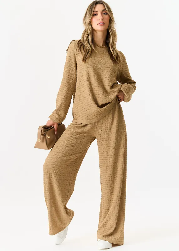 Camel Textured Long Sleeves Oversized Top - Gini London