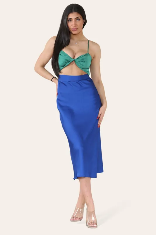 Satin Sleeveless Midi Dress with Mermaid Wrap Style - ELAINA FASHION