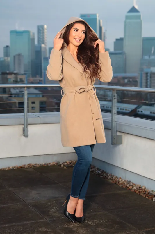 Hooded Wool Blend Wrap Coat - DOUBLE SECOND