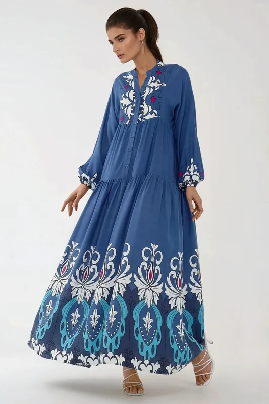 Printed Long Sleeve Viscose Maxi Dress - Hiccup