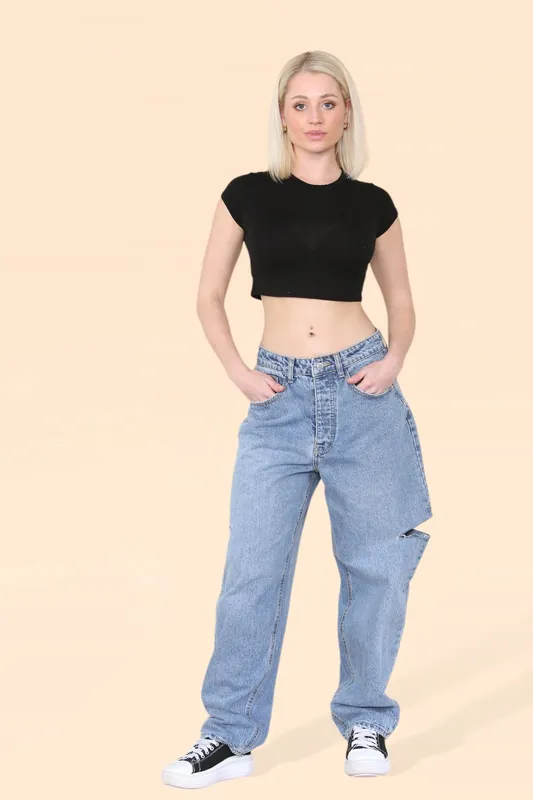 High Waist Loose Boyfriend Flared Jeans with Side Slim Cut Knees - ELAINA FASHION