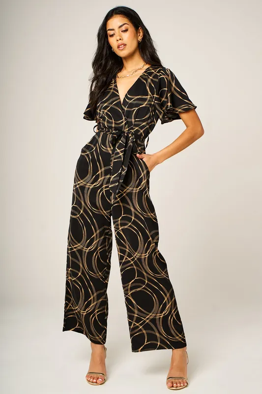 Wrap Front Belted Wide-Leg Jumpsuit with Abstract Circle Print