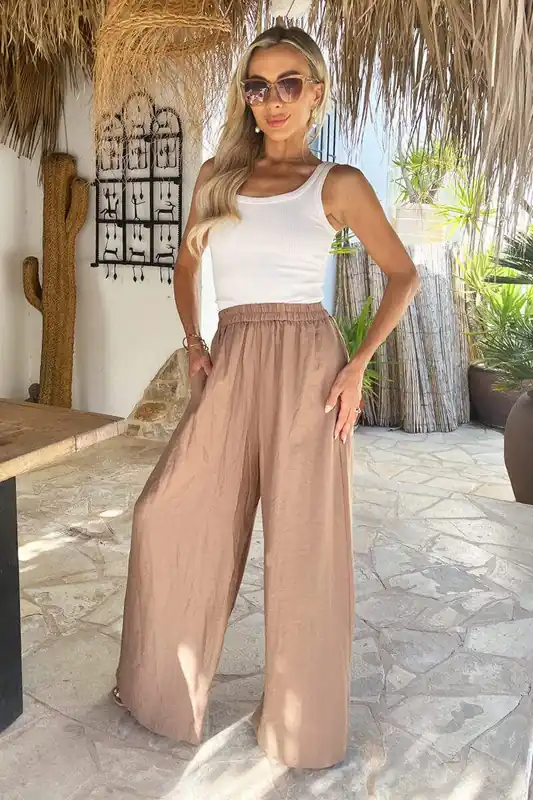 Mocha High Waist Palazzo Trousers - AX Paris
