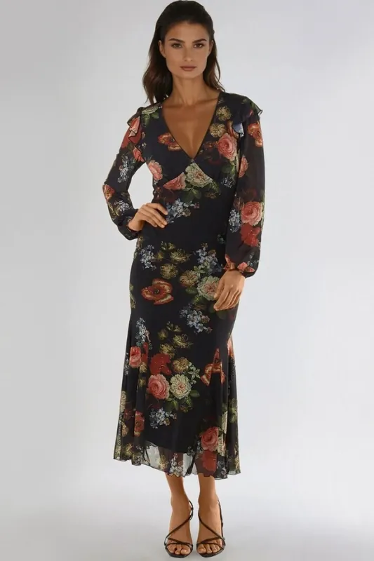 Floral V Neckline Mesh Midi Dress - Aftershock London