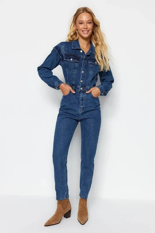 Stitch Detail Collared Long Sleeve Tapered Denim Jumpsuit - WOVCOR