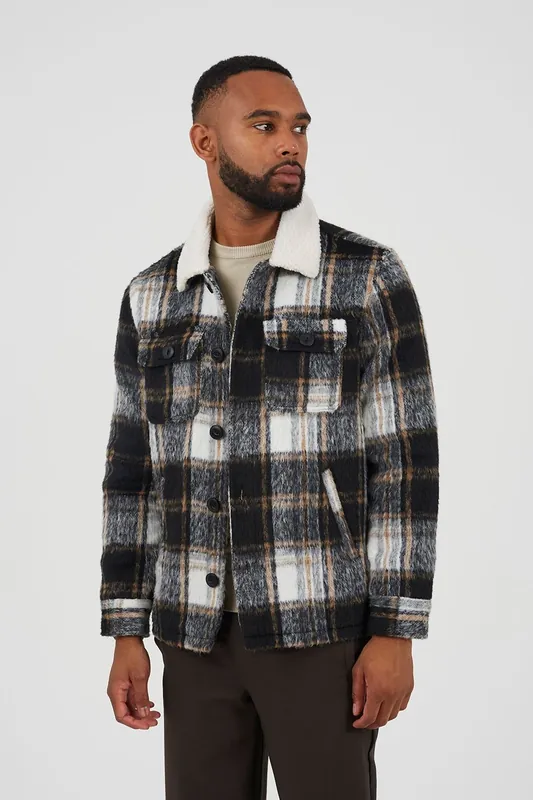 Brushed Check Jacket with Sherpa Collar - Brave Soul
