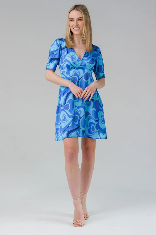Short Sleeve Plunge Neck Printed Tea Dress - Influence