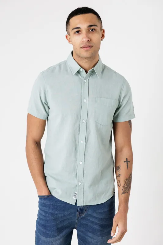 Linen Blend Short Sleeve Button-Up Shirt with Chest Pocket