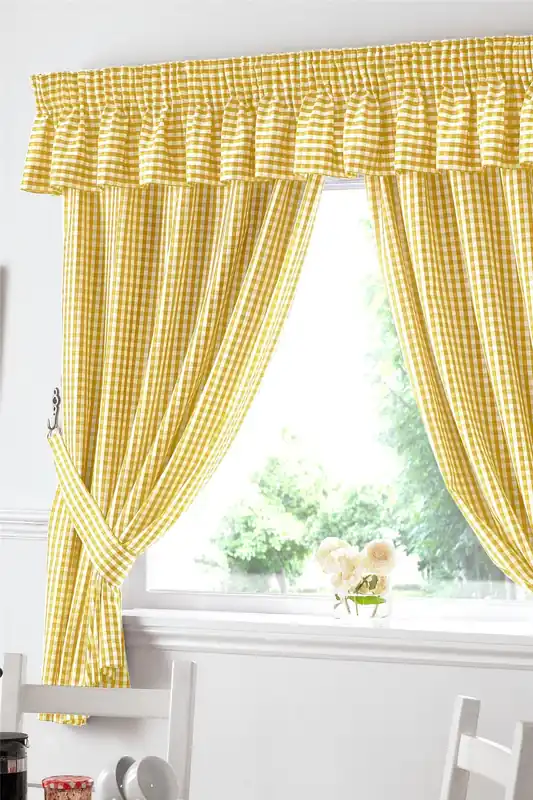 Gingham Yellow Checkered Taped Curtains With Tie Backs - Alan Symonds
