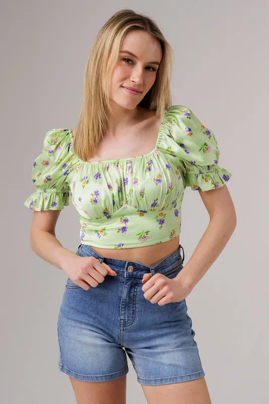 Short Sleeve Shirred Square Neck Cropped Top - Influence