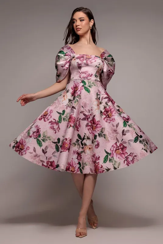 Off Shoulder Floral Bow Back A Line Midi Dress - Goddiva