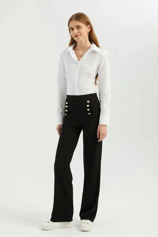 High Waist Buttoned Flare Trousers - Hiccup