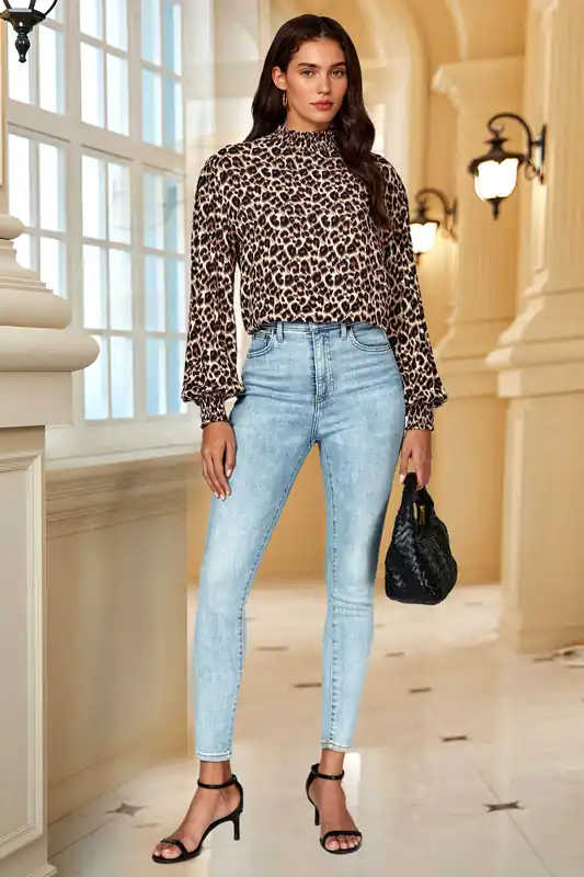 Leopard Print Long Sleeve High Neck Blouse In Brown - FS Collection