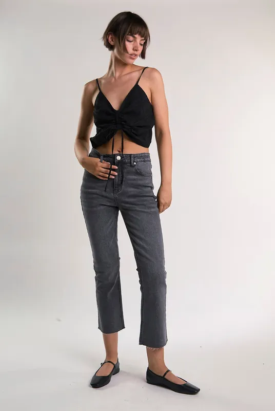 Black Gathered Sleeveless Crop-Top