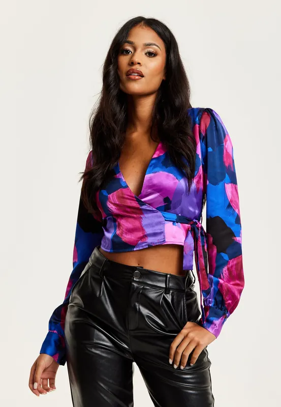 Abstract Print Wrap Top In Blue And Purple - Liquorish