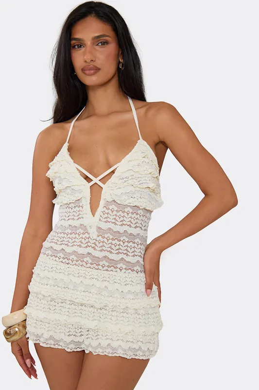 Strappy Halter Neck Frill Trim Playsuit - EGO
