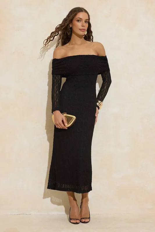 Lace Bardot Long Sleeve Midi Dress - WOVCOR