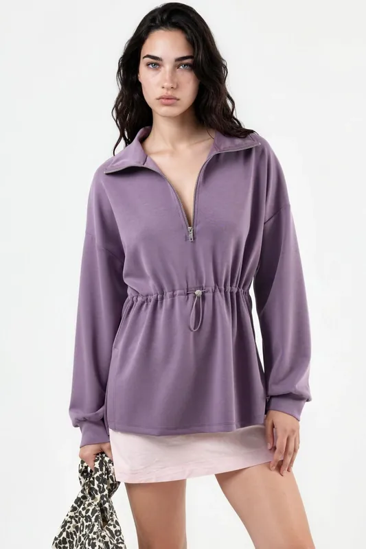 Zipper Collar Sweatshirt with Adjustable Waist - Busem