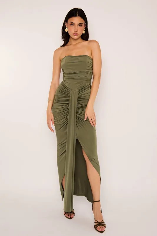 Kimberley Olive Green Slinky Corset Drape Bandeau Maxi Dress - Jaded Rose