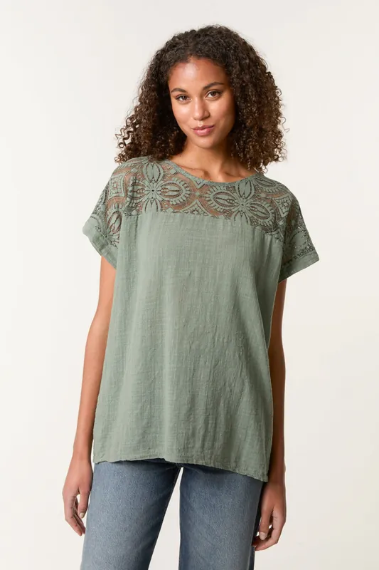 Khaki Lace Pattern Cotton Top - Blue Vanilla