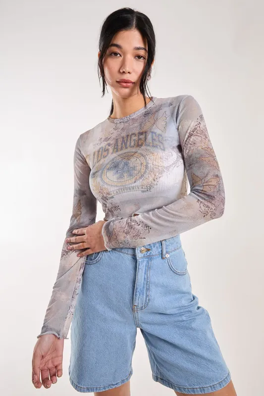 Mesh Printed LA Long Sleeve Top - Pink Vanilla