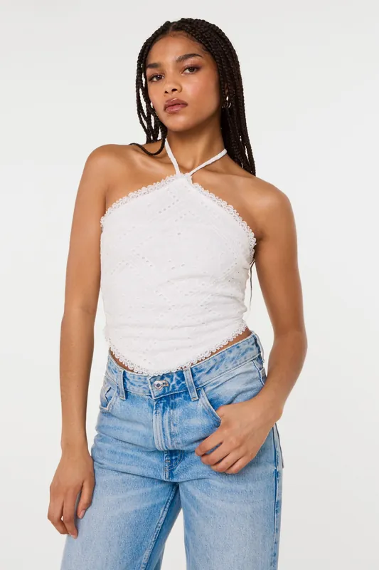 White Cutwork Placement Hanky Halter Top - Pink Vanilla